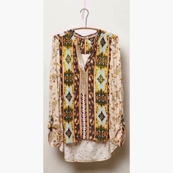 Anthropologie Tops - Anthropologie TINY Devas Popover Top Floral Sequins Mixed Materials Boho Small